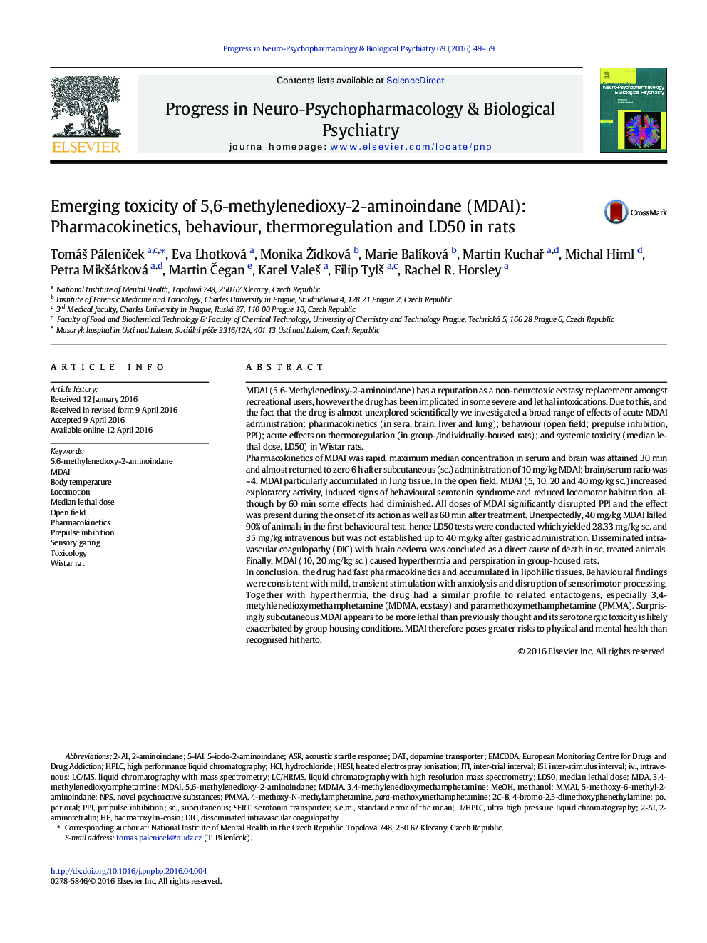 Emerging toxicity of 5,6-methylenedioxy-2-aminoindane (MDAI): Pharmacokinetics, behaviour, thermoregulation and LD50 in rats