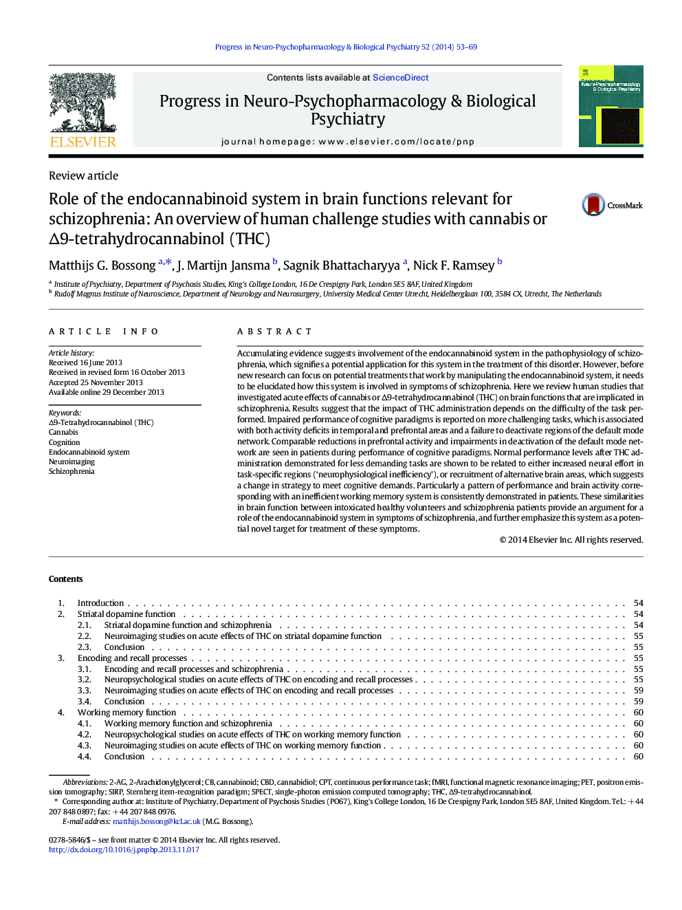 Role of the endocannabinoid system in brain functions relevant for schizophrenia: An overview of human challenge studies with cannabis or ∆9-tetrahydrocannabinol (THC)