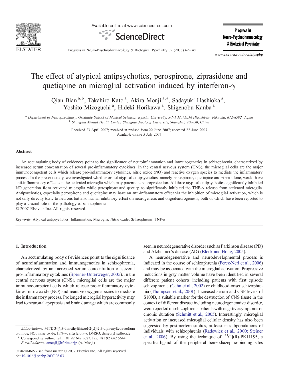 The effect of atypical antipsychotics, perospirone, ziprasidone and quetiapine on microglial activation induced by interferon-γ