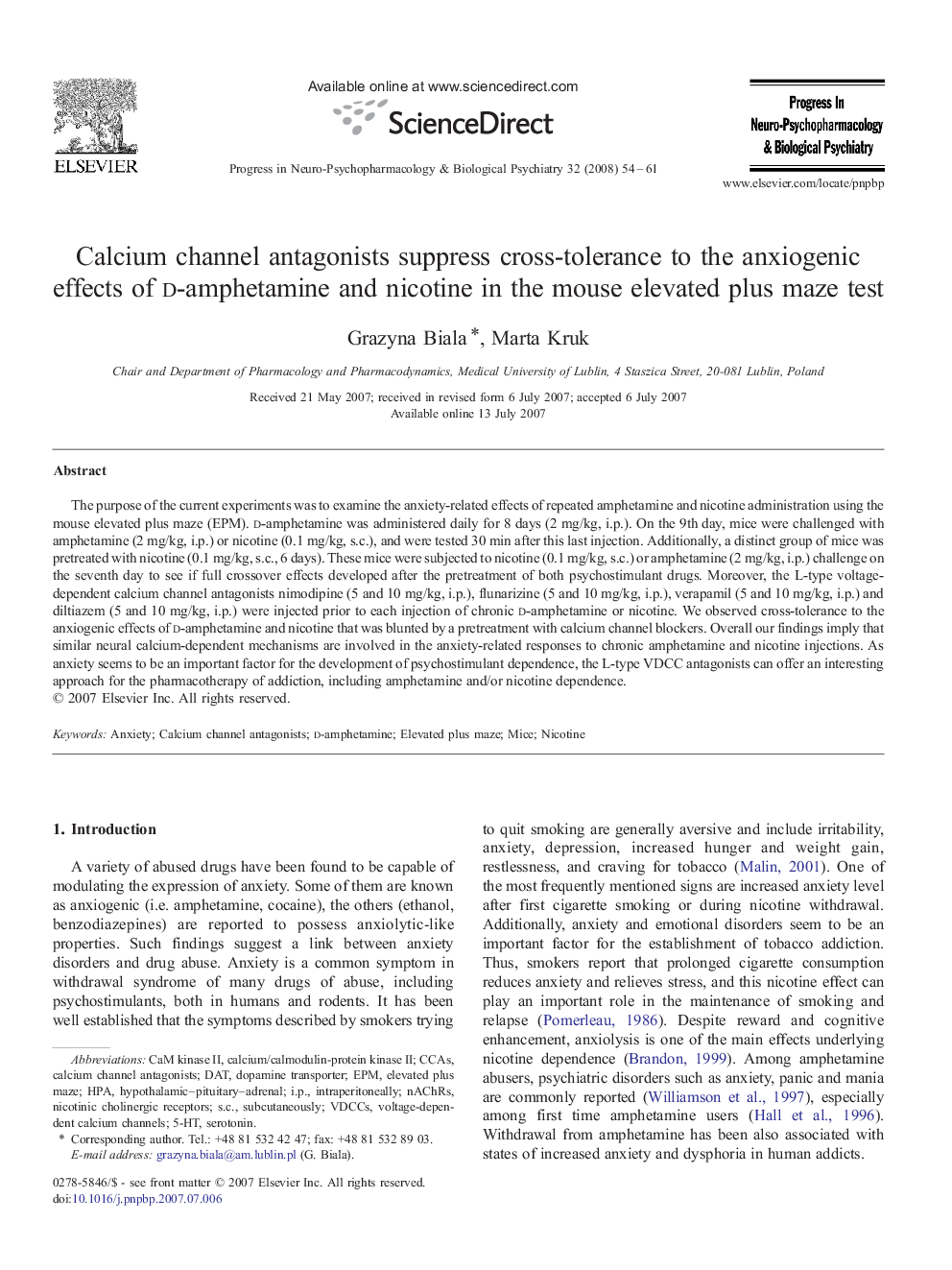 Calcium channel antagonists suppress cross-tolerance to the anxiogenic effects of d-amphetamine and nicotine in the mouse elevated plus maze test