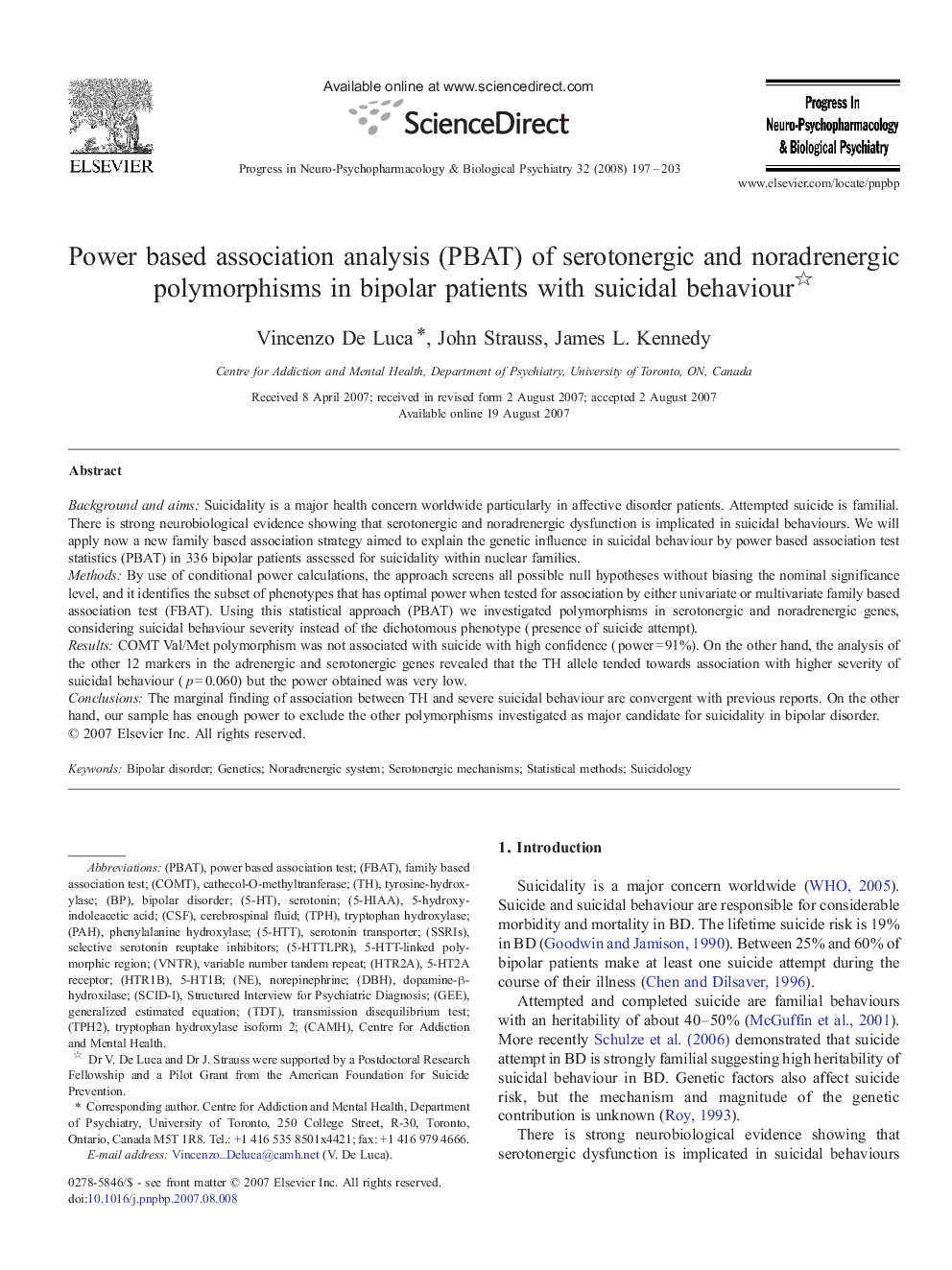 Power based association analysis (PBAT) of serotonergic and noradrenergic polymorphisms in bipolar patients with suicidal behaviour 
