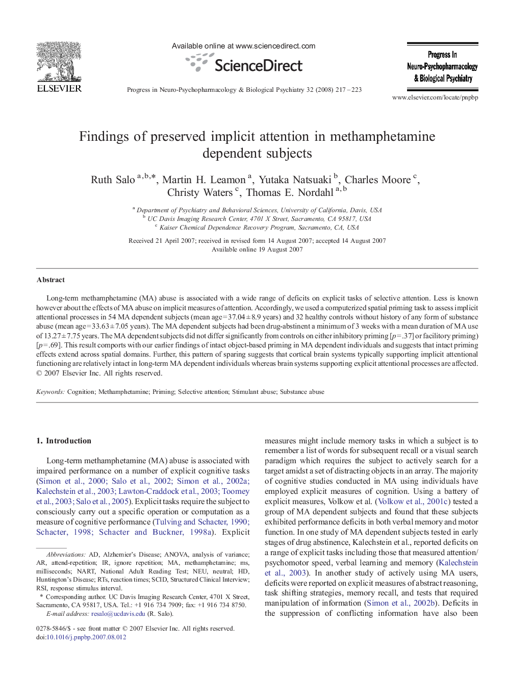 Findings of preserved implicit attention in methamphetamine dependent subjects