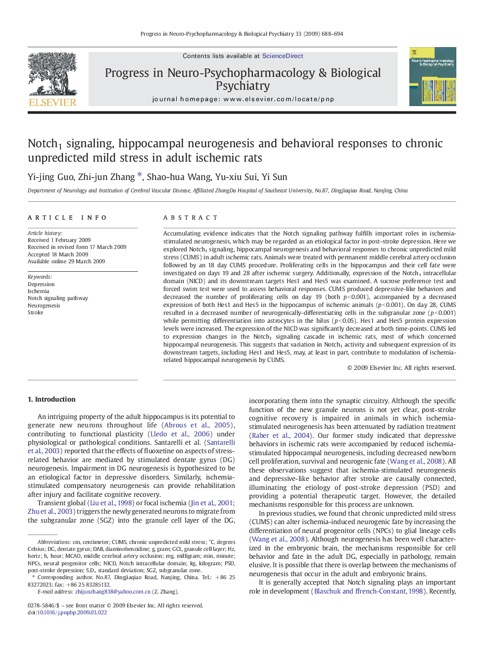 Notch1 signaling, hippocampal neurogenesis and behavioral responses to chronic unpredicted mild stress in adult ischemic rats