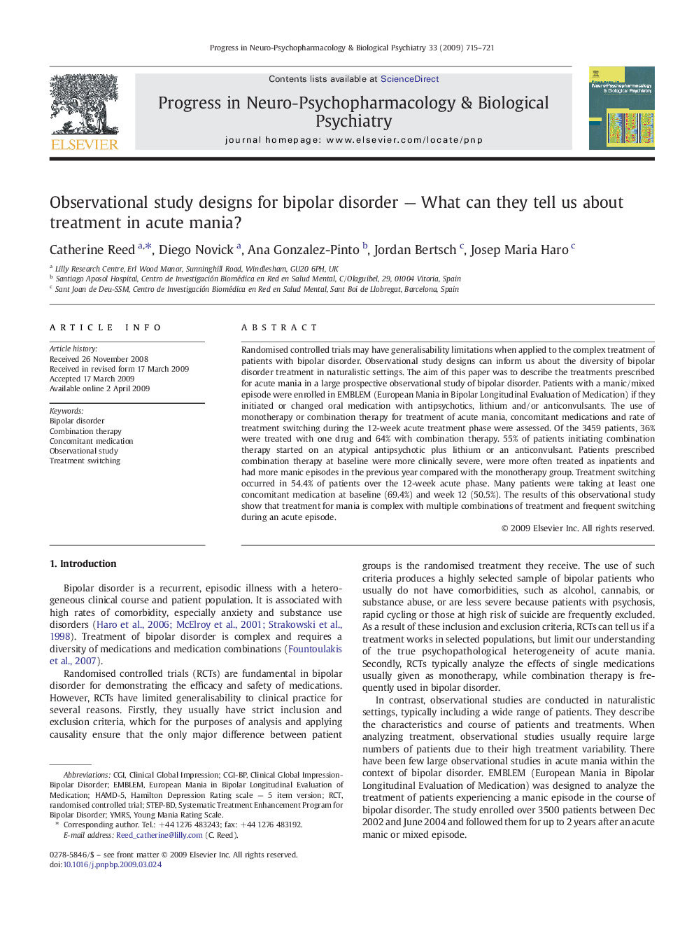 Observational study designs for bipolar disorder — What can they tell us about treatment in acute mania?