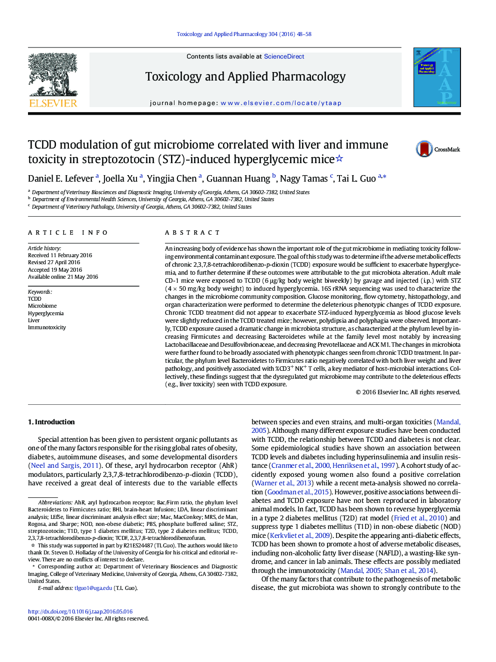 TCDD modulation of gut microbiome correlated with liver and immune toxicity in streptozotocin (STZ)-induced hyperglycemic mice 