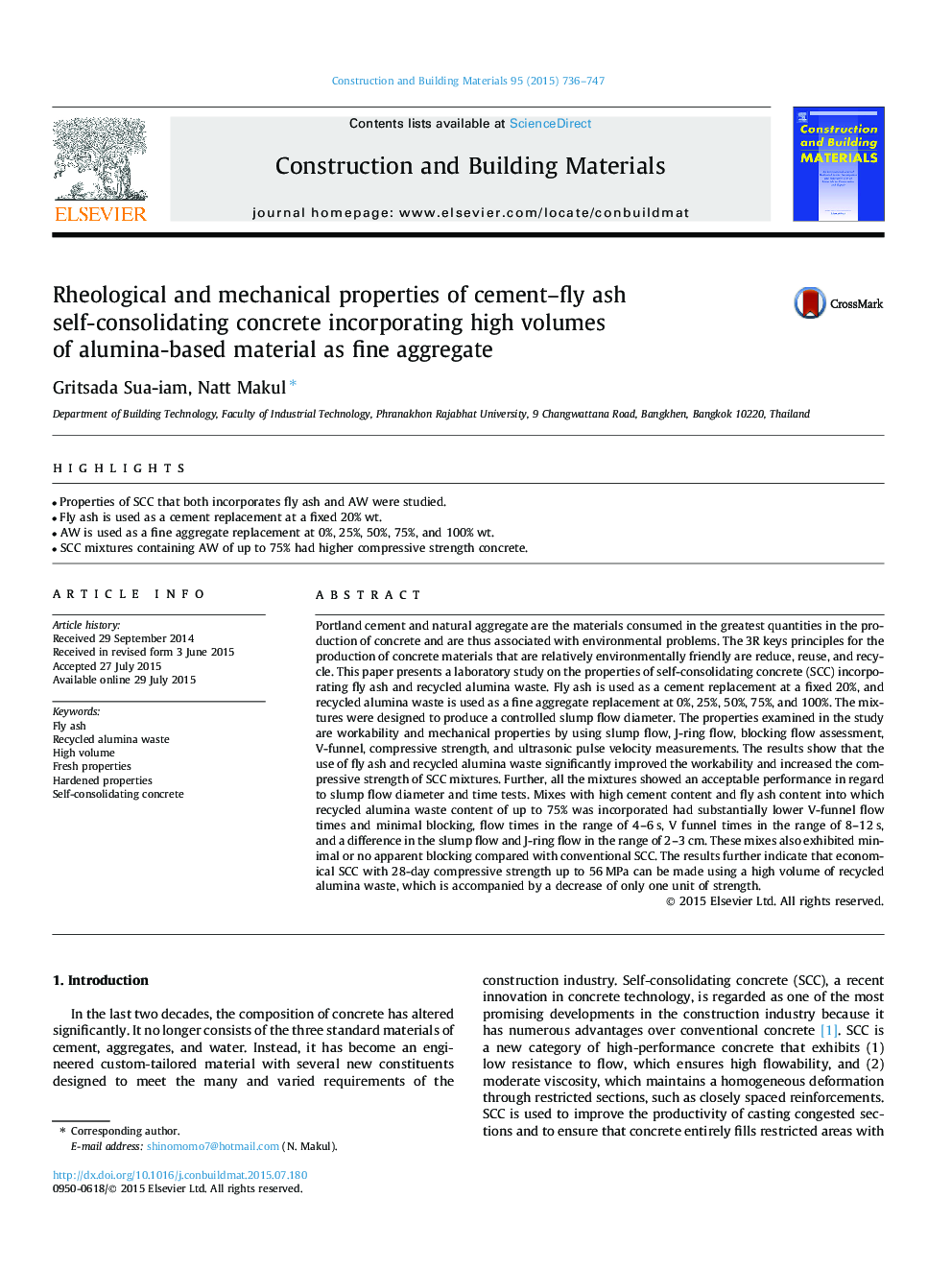 Rheological and mechanical properties of cement–fly ash self-consolidating concrete incorporating high volumes of alumina-based material as fine aggregate