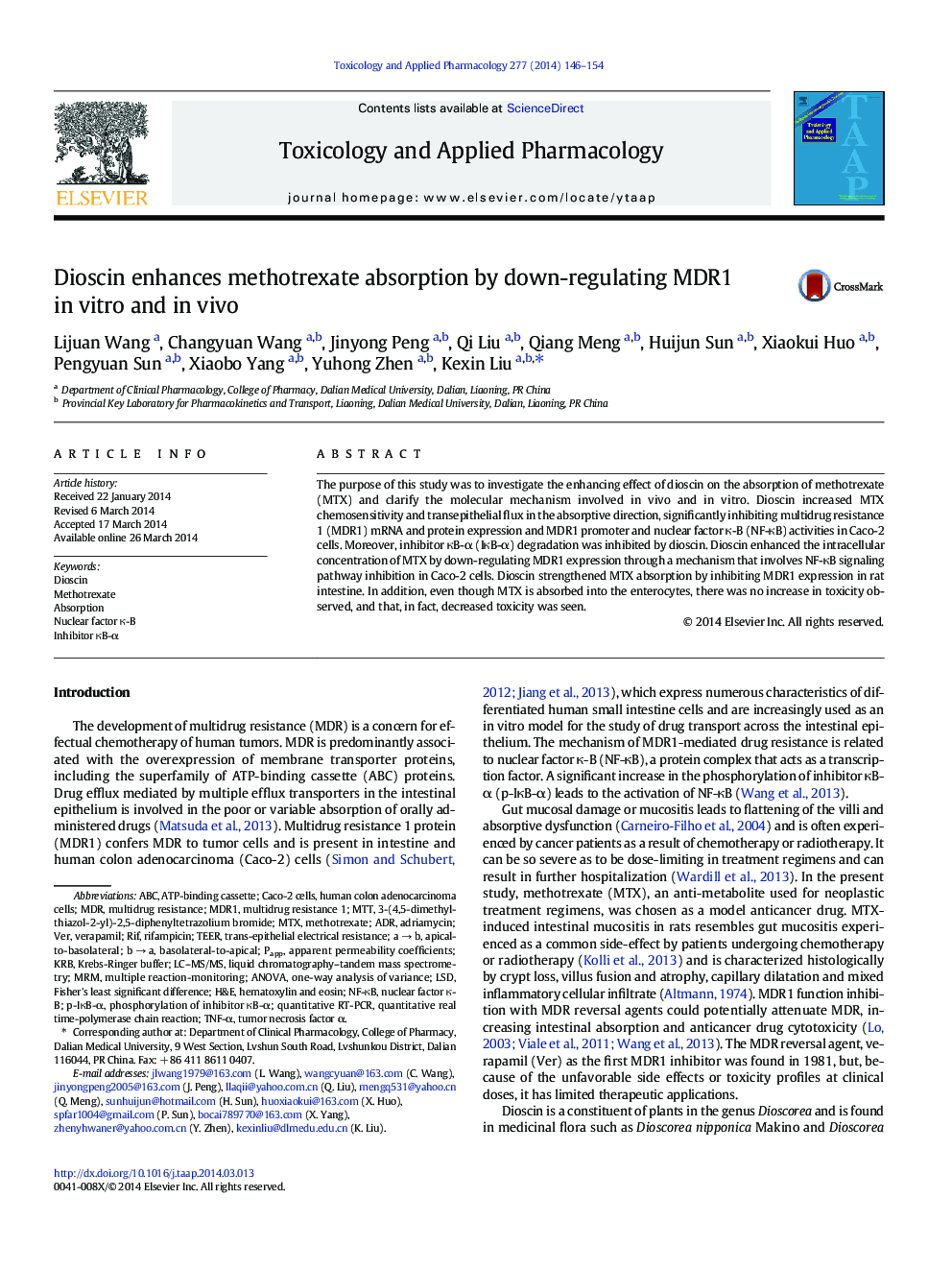 Dioscin enhances methotrexate absorption by down-regulating MDR1 in vitro and in vivo