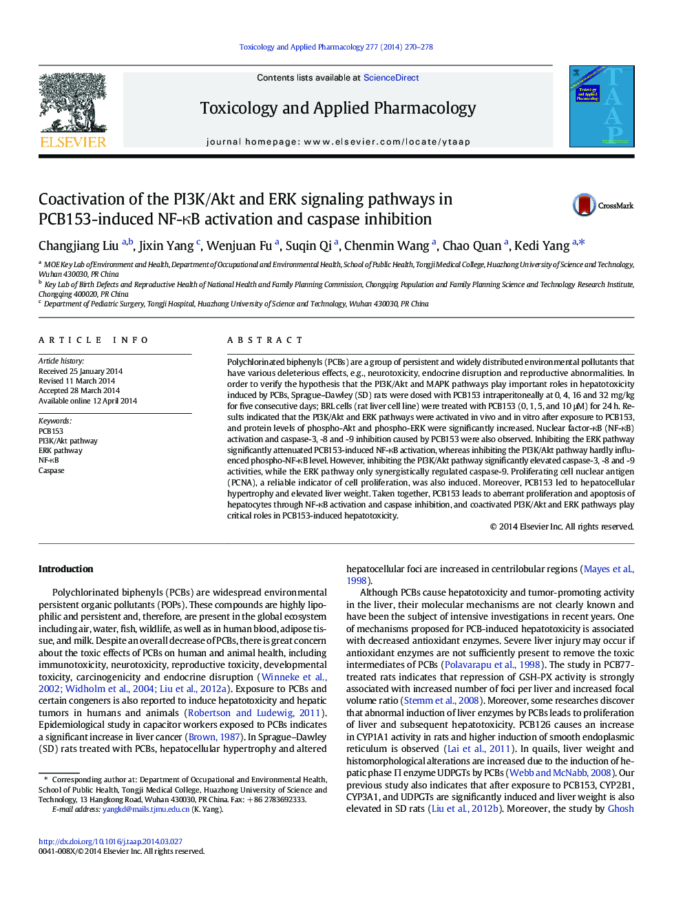 Coactivation of the PI3K/Akt and ERK signaling pathways in PCB153-induced NF-κB activation and caspase inhibition