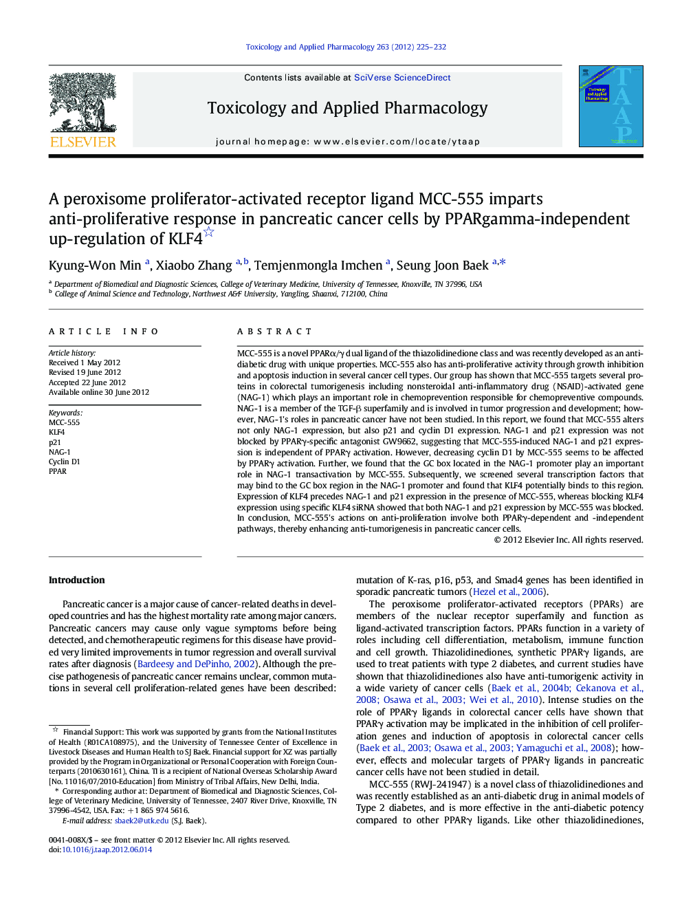 A peroxisome proliferator-activated receptor ligand MCC-555 imparts anti-proliferative response in pancreatic cancer cells by PPARgamma-independent up-regulation of KLF4