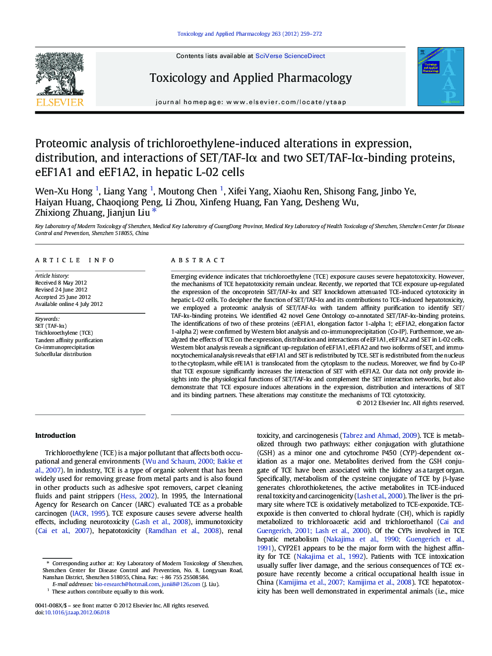 Proteomic analysis of trichloroethylene-induced alterations in expression, distribution, and interactions of SET/TAF-Iα and two SET/TAF-Iα-binding proteins, eEF1A1 and eEF1A2, in hepatic L-02 cells