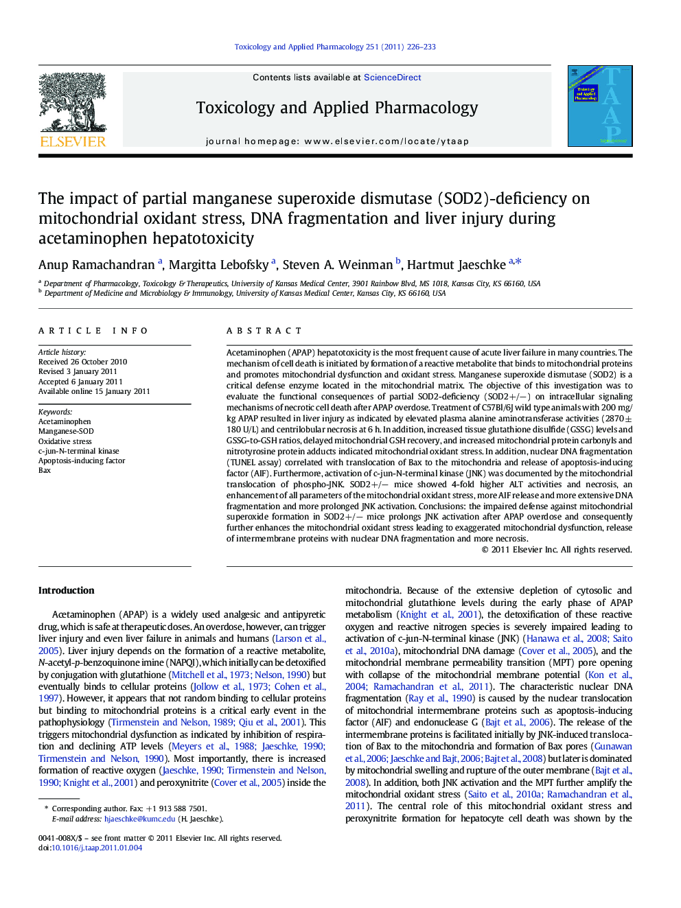 The impact of partial manganese superoxide dismutase (SOD2)-deficiency on mitochondrial oxidant stress, DNA fragmentation and liver injury during acetaminophen hepatotoxicity