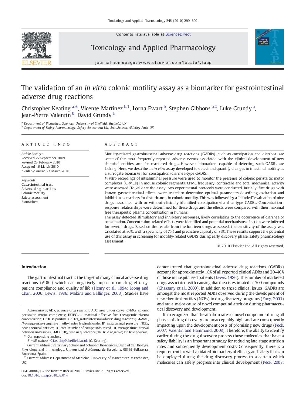 The validation of an invitro colonic motility assay as a biomarker for gastrointestinal adverse drug reactions