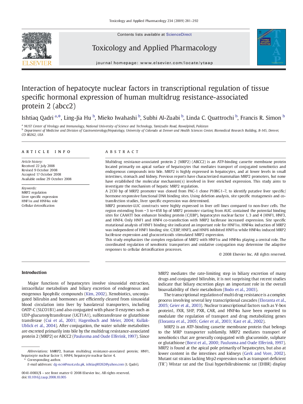 Interaction of hepatocyte nuclear factors in transcriptional regulation of tissue specific hormonal expression of human multidrug resistance-associated protein 2 (abcc2)