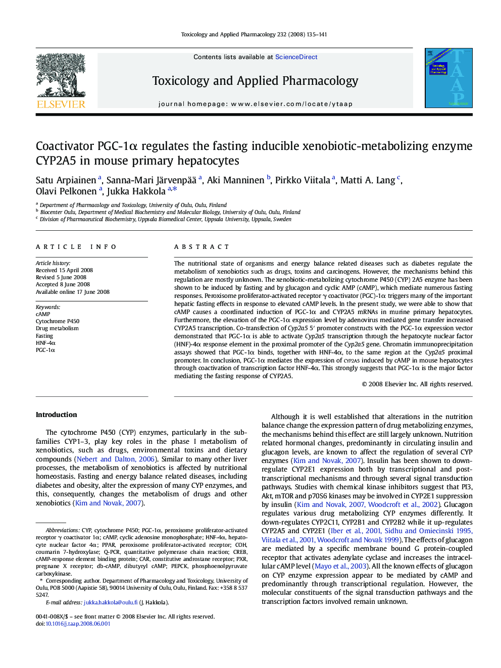 Coactivator PGC-1Î± regulates the fasting inducible xenobiotic-metabolizing enzyme CYP2A5 in mouse primary hepatocytes