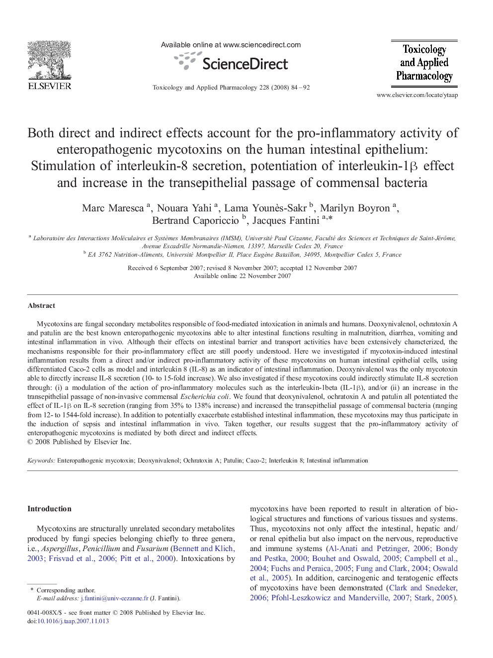 Both direct and indirect effects account for the pro-inflammatory activity of enteropathogenic mycotoxins on the human intestinal epithelium: Stimulation of interleukin-8 secretion, potentiation of interleukin-1β effect and increase in the transepithelial