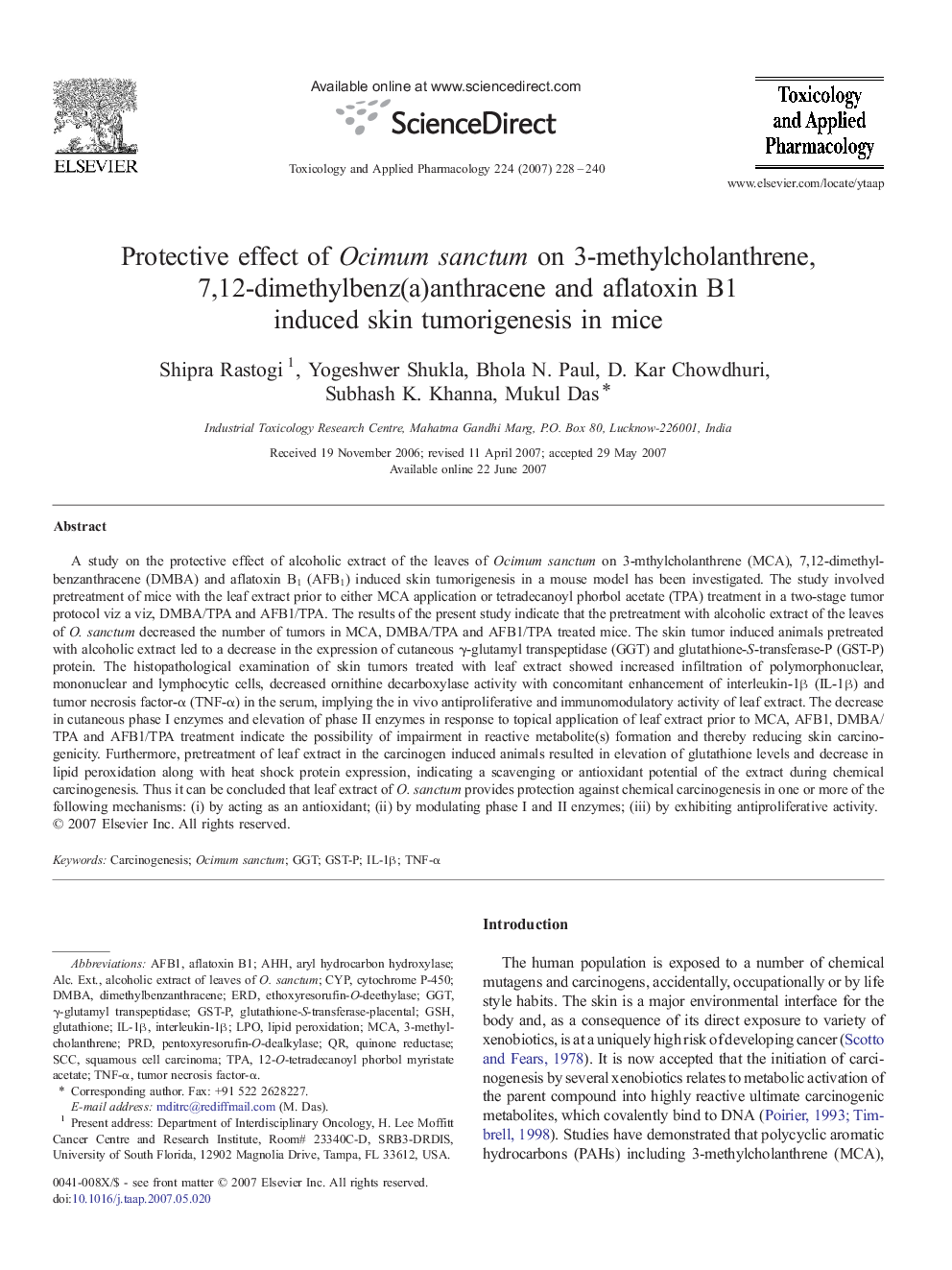 Protective effect of Ocimum sanctum on 3-methylcholanthrene, 7,12-dimethylbenz(a)anthracene and aflatoxin B1 induced skin tumorigenesis in mice