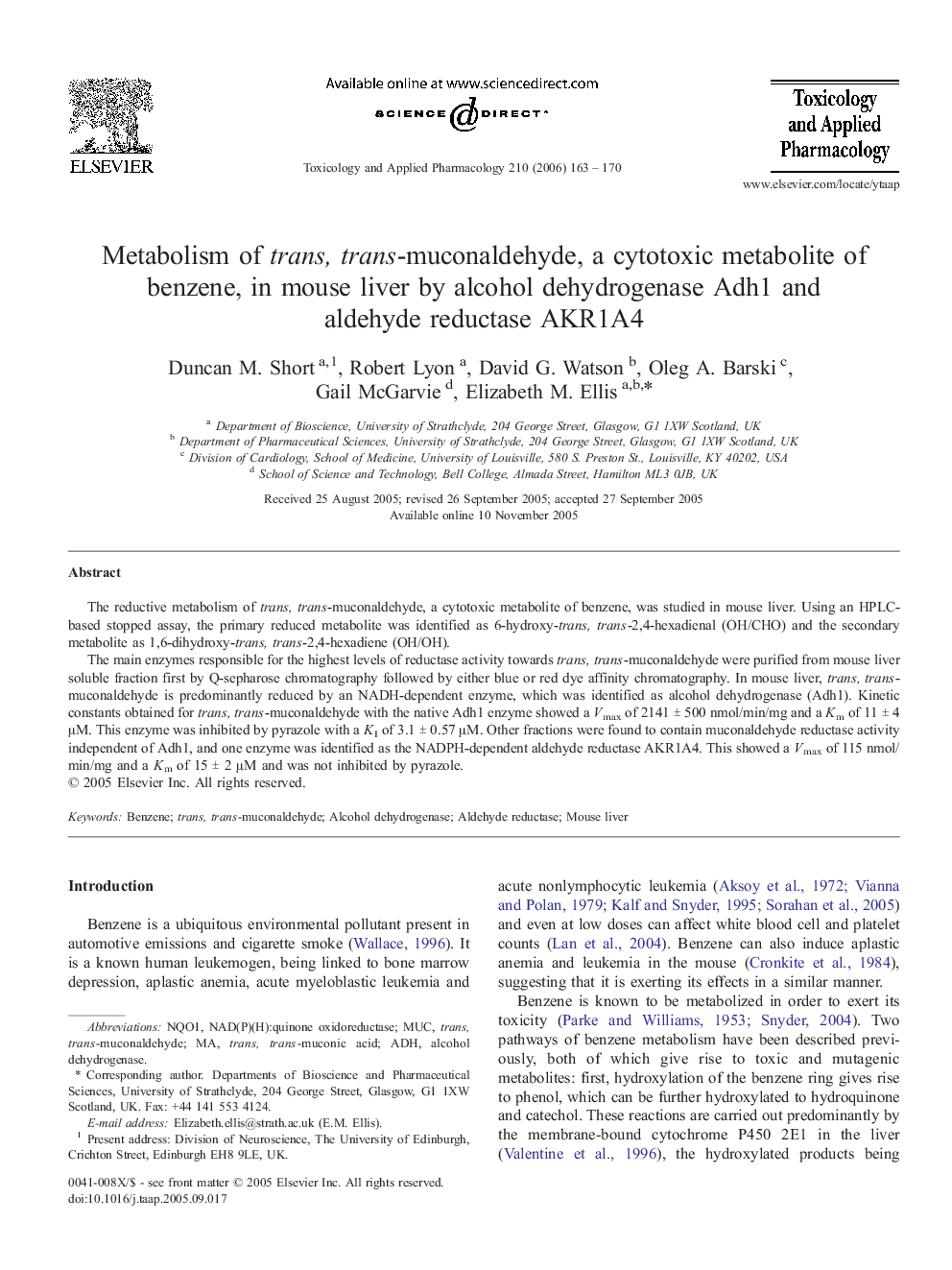 Metabolism of trans, trans-muconaldehyde, a cytotoxic metabolite of benzene, in mouse liver by alcohol dehydrogenase Adh1 and aldehyde reductase AKR1A4