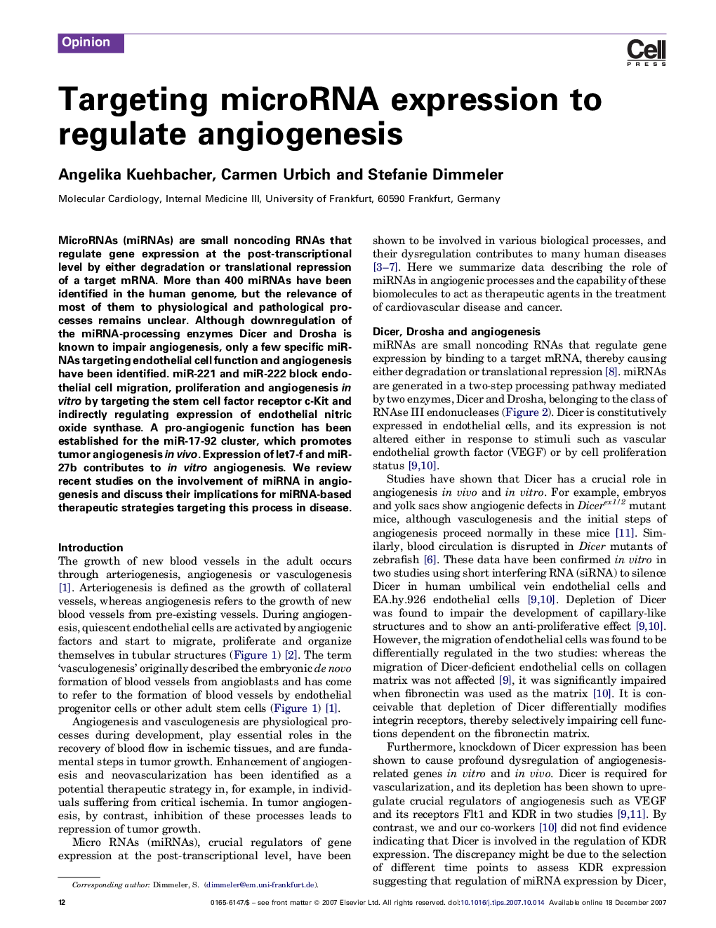 Targeting microRNA expression to regulate angiogenesis