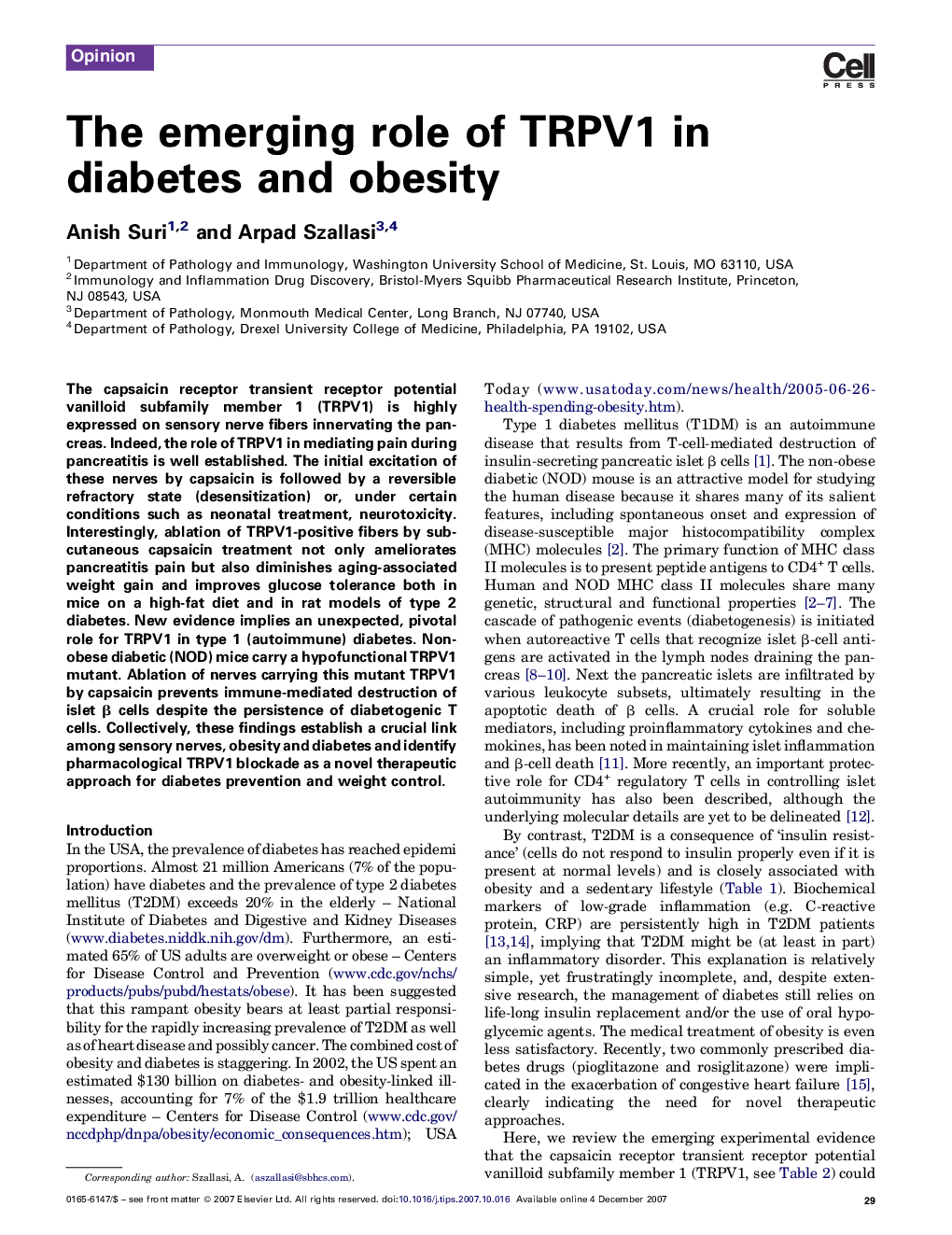 The emerging role of TRPV1 in diabetes and obesity