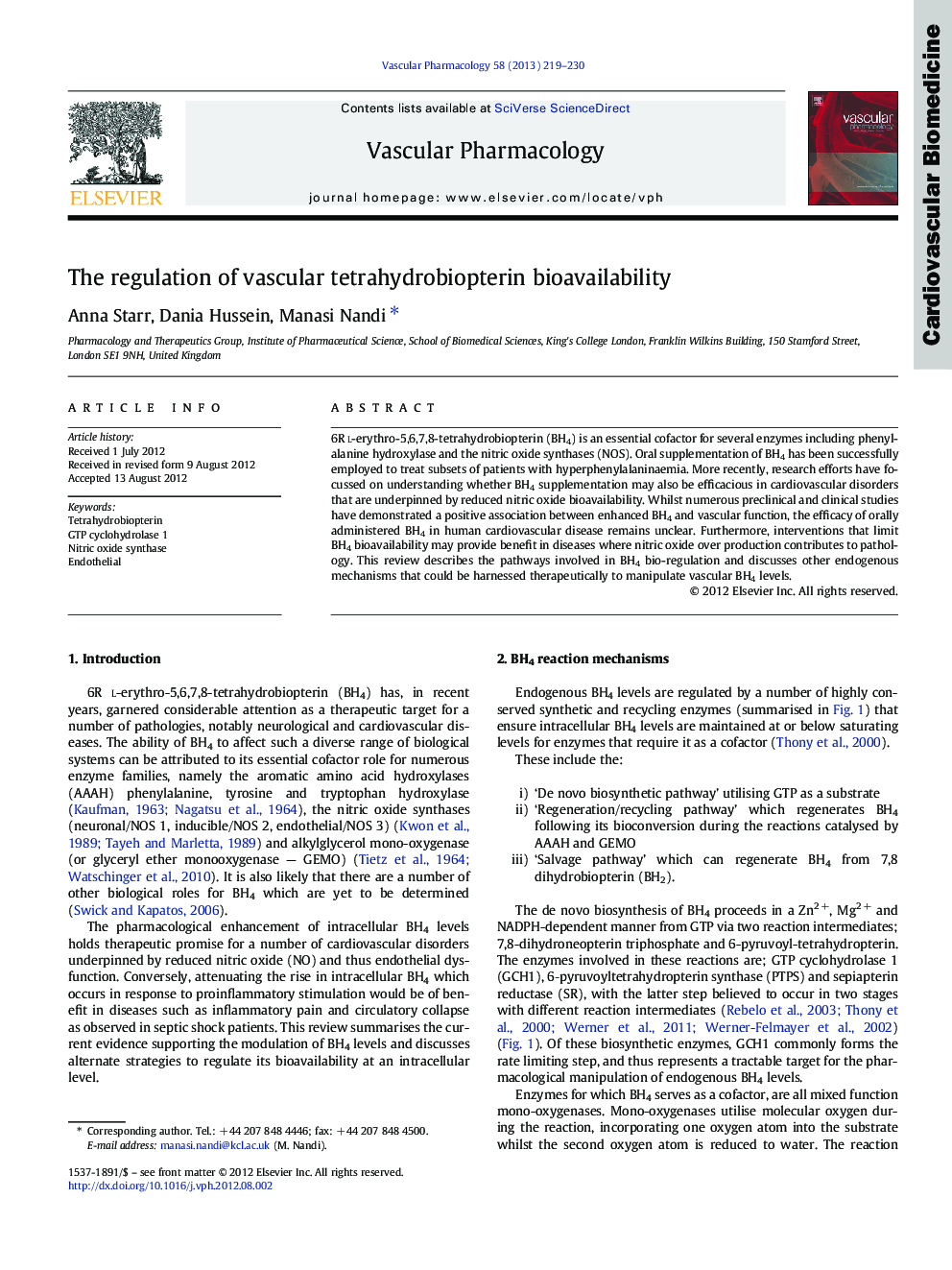 The regulation of vascular tetrahydrobiopterin bioavailability