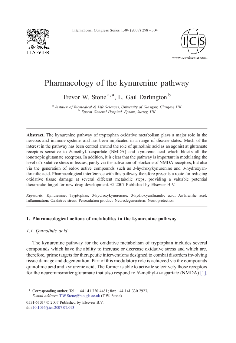 Pharmacology of the kynurenine pathway