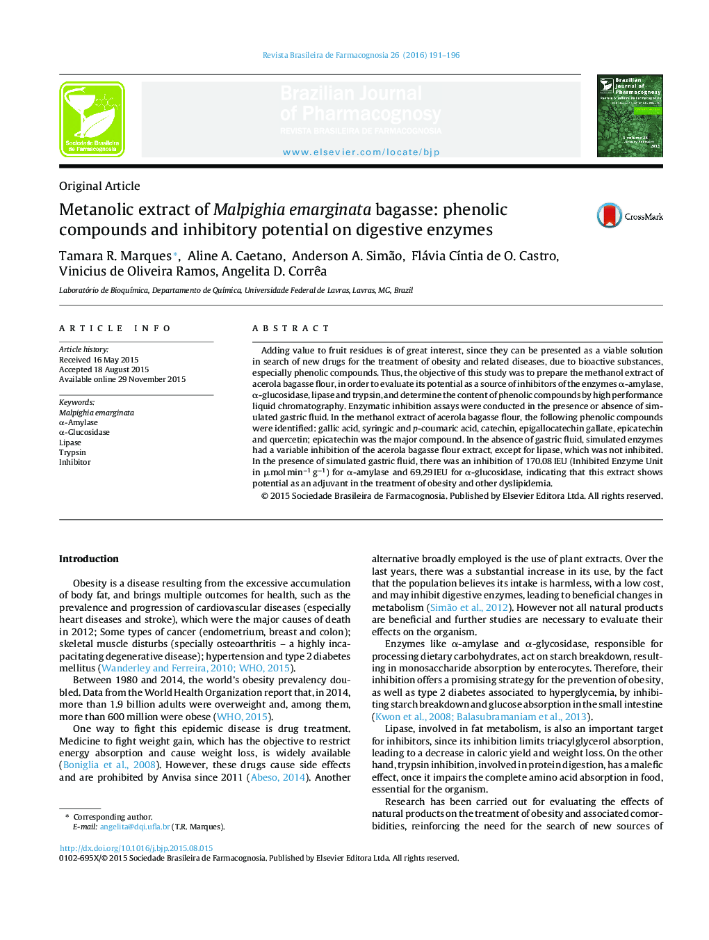 عصاره متانولی Malpighia emarginata bagasse: ترکیبات فنلی و پتانسیل مهارکننده آنزیم های گوارشی