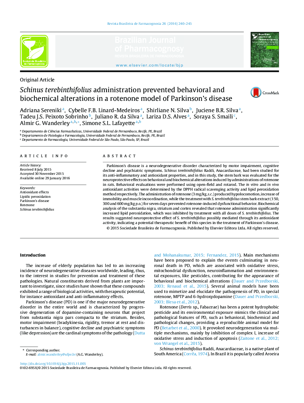 مدیریت Schinus terebinthifolius مانع تغییرات رفتاری و بیوشیمیایی در یک مدل روتنون از بیماری پارکینسون