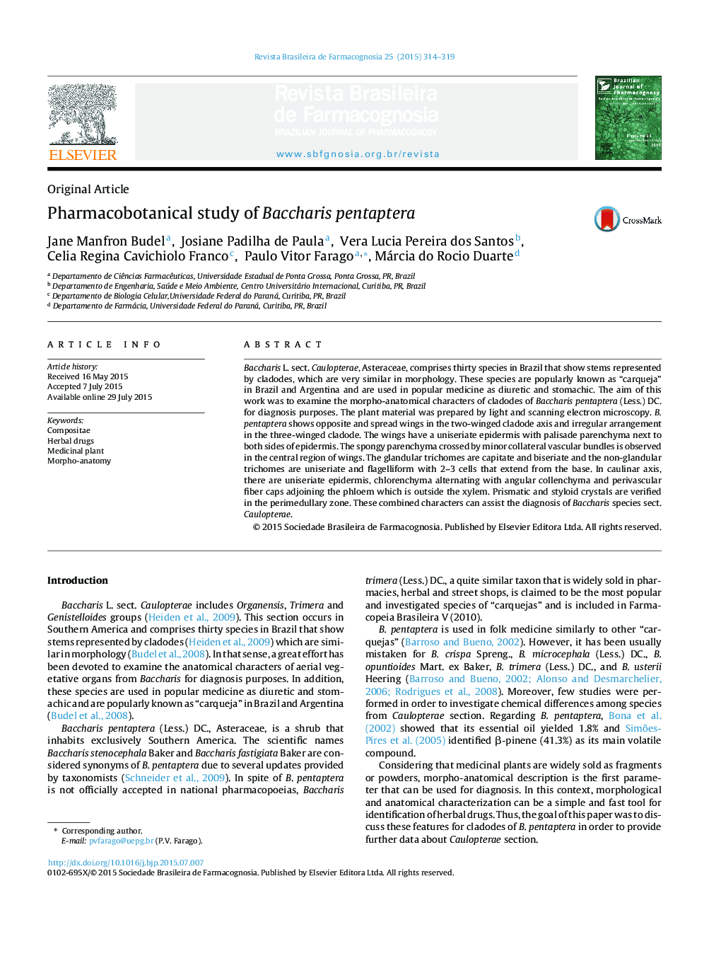 Pharmacobotanical study of Baccharis pentaptera
