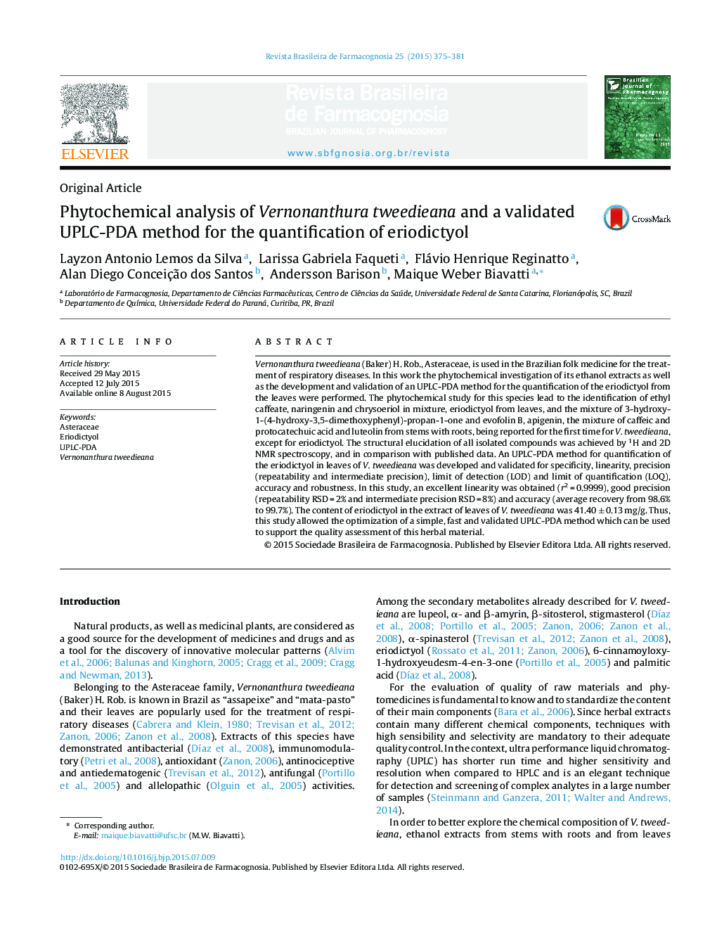 Phytochemical analysis of Vernonanthura tweedieana and a validated UPLC-PDA method for the quantification of eriodictyol