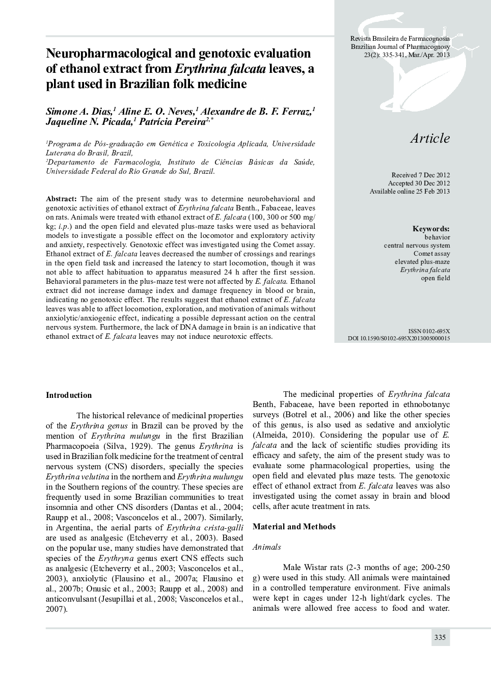 Neuropharmacological and genotoxic evaluation of ethanol extract from Erythrina falcata leaves, a plant used in Brazilian folk medicine