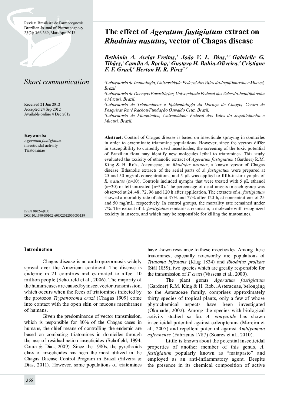 The effect of Ageratum fastigiatum extract on Rhodnius nasutus, vector of Chagas disease