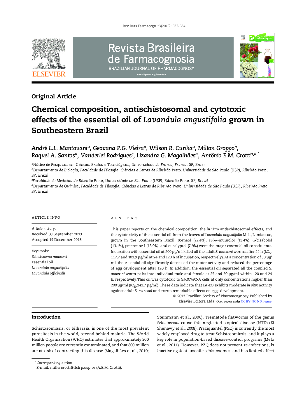 Chemical composition, antischistosomal and cytotoxic effects of the essential oil of Lavandula angustifolia grown in Southeastern Brazil