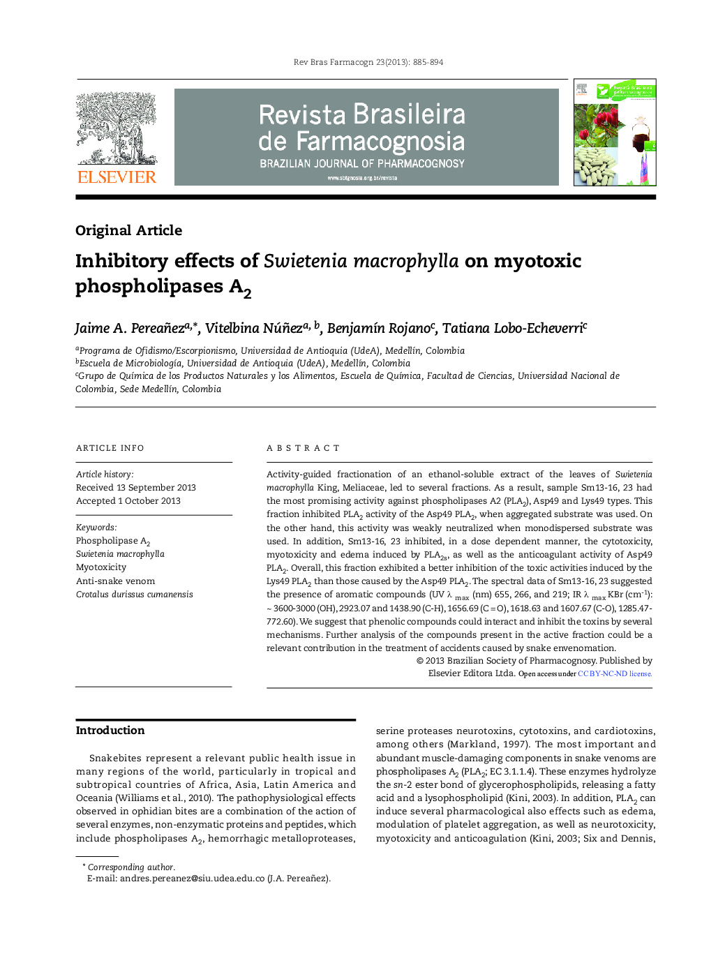 Inhibitory effects of Swietenia macrophylla on myotoxic phospholipases A2