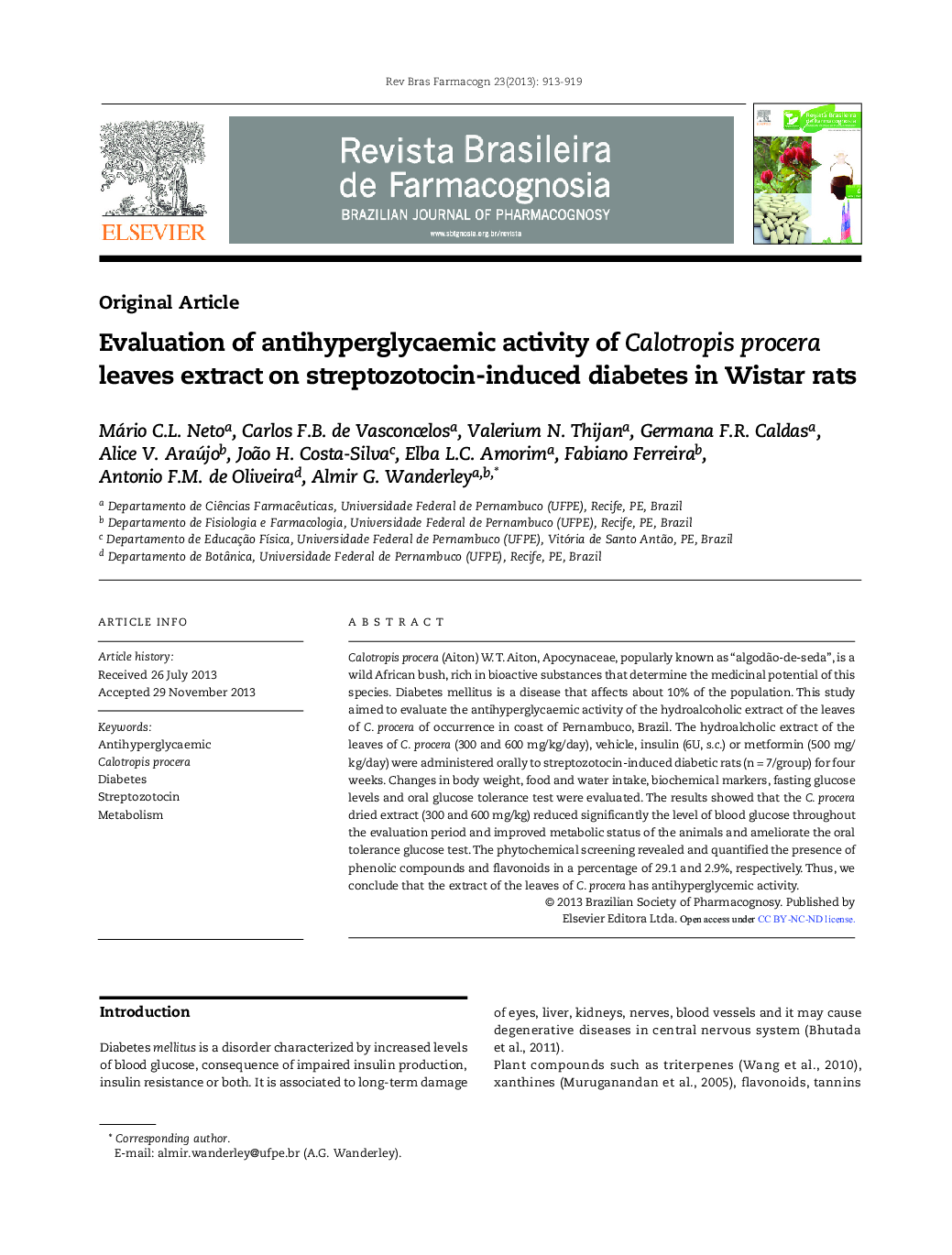 Evaluation of antihyperglycaemic activity of Calotropis procera leaves extract on streptozotocin-induced diabetes in Wistar rats