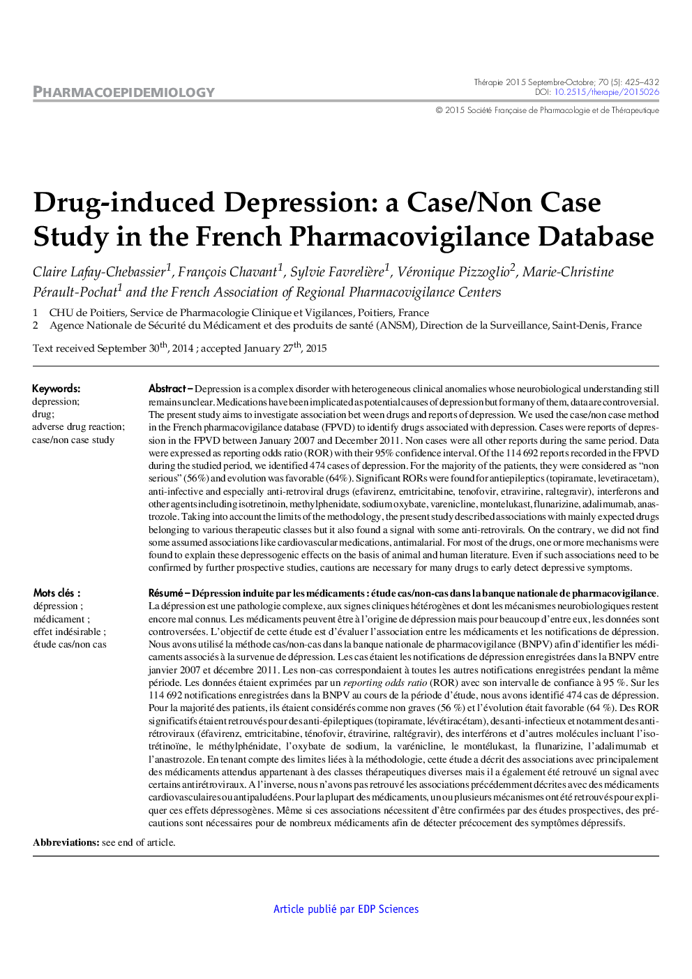 افسردگی ناشی از مواد مخدر: مطالعه موردی / غیرمستقیم در پایگاه داده فارماکوگرافی فرانسه 