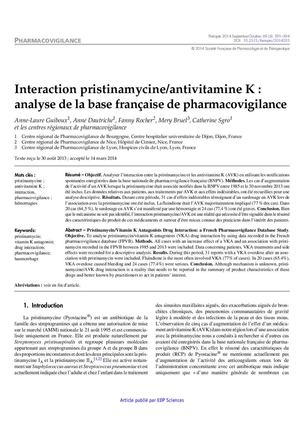 Interaction pristinamycine/antivitamine K : analyse de la base française de pharmacovigilance