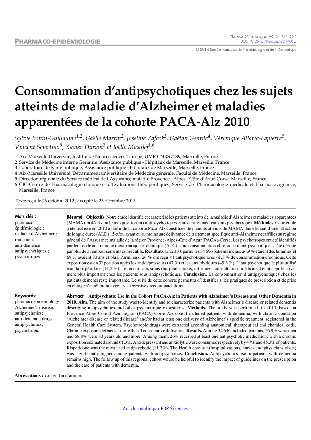 Consommation d'antipsychotiques chez les sujets atteints de maladie d'Alzheimer et maladies apparentées de la cohorte PACA-Alz 2010