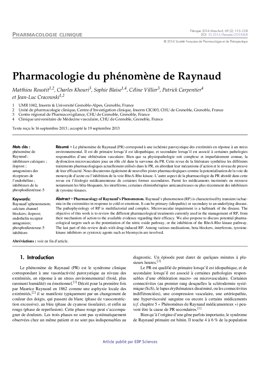 Pharmacologie du phénomÃ¨ne de Raynaud