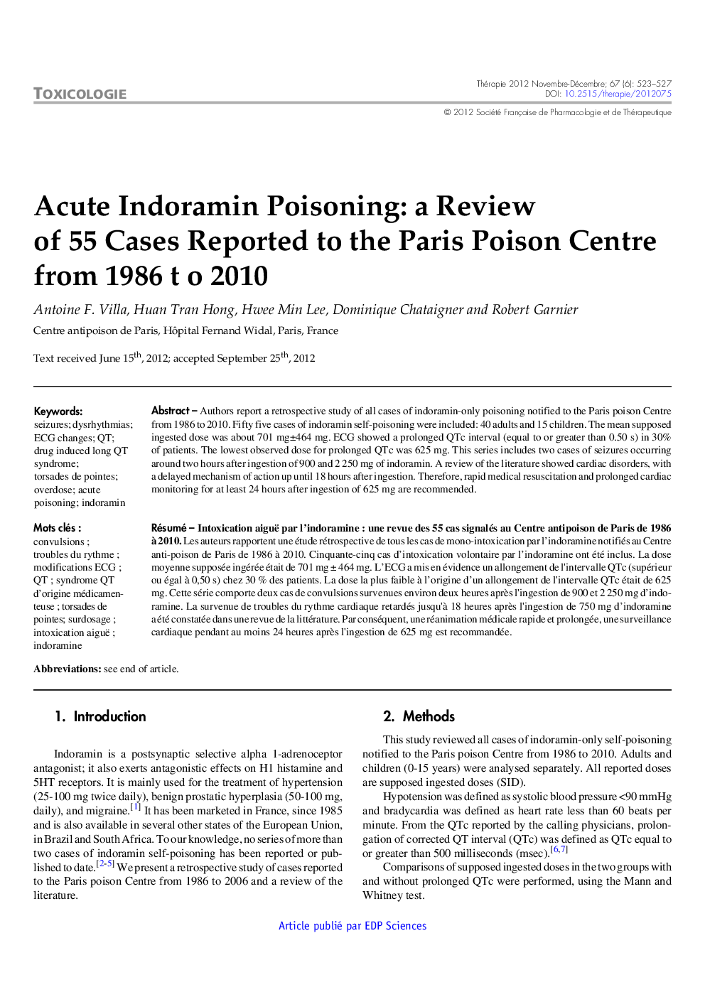 Acute Indoramin Poisoning: a Review of 55 Cases Reported to the Paris Poison Centre from 1986 to 2010