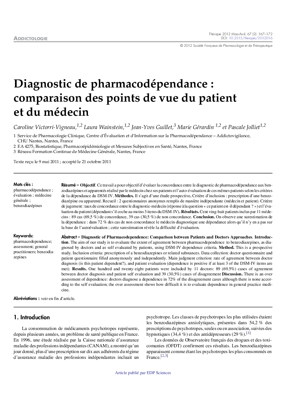Diagnostic de pharmacodépendance : comparaison des points de vue du patient et du médecin