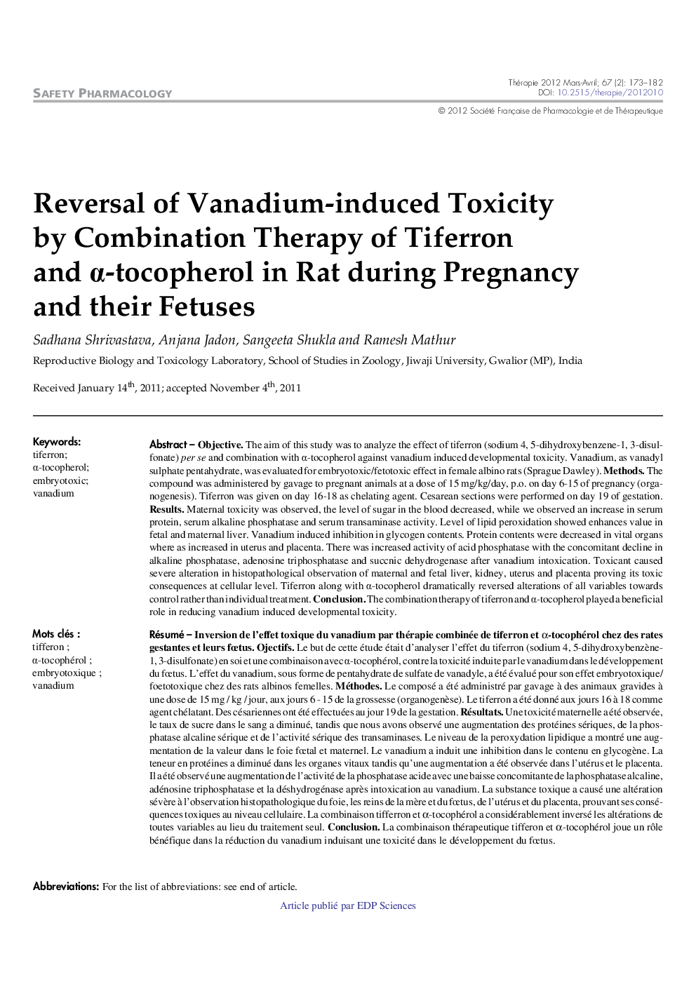 Reversal of Vanadium-induced Toxicity by Combination Therapy of Tiferron and Î±-tocopherol in Rat during Pregnancy and their Fetuses