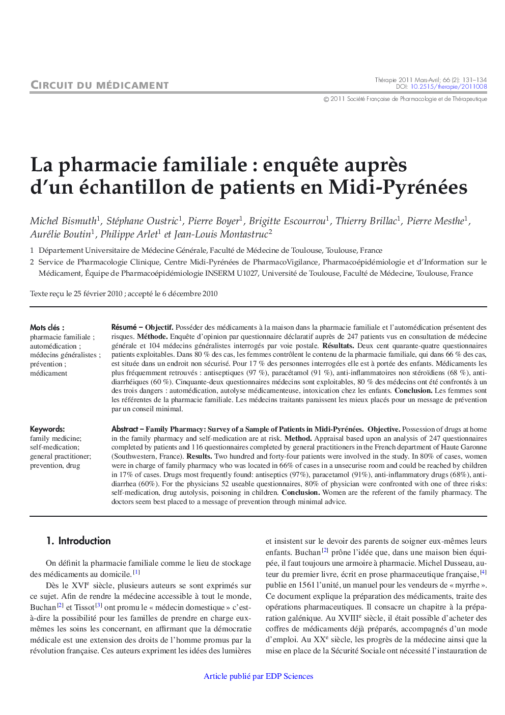 La pharmacie familiale : enquÃªte auprÃ¨s d'un échantillon de patients en Midi-Pyrénées