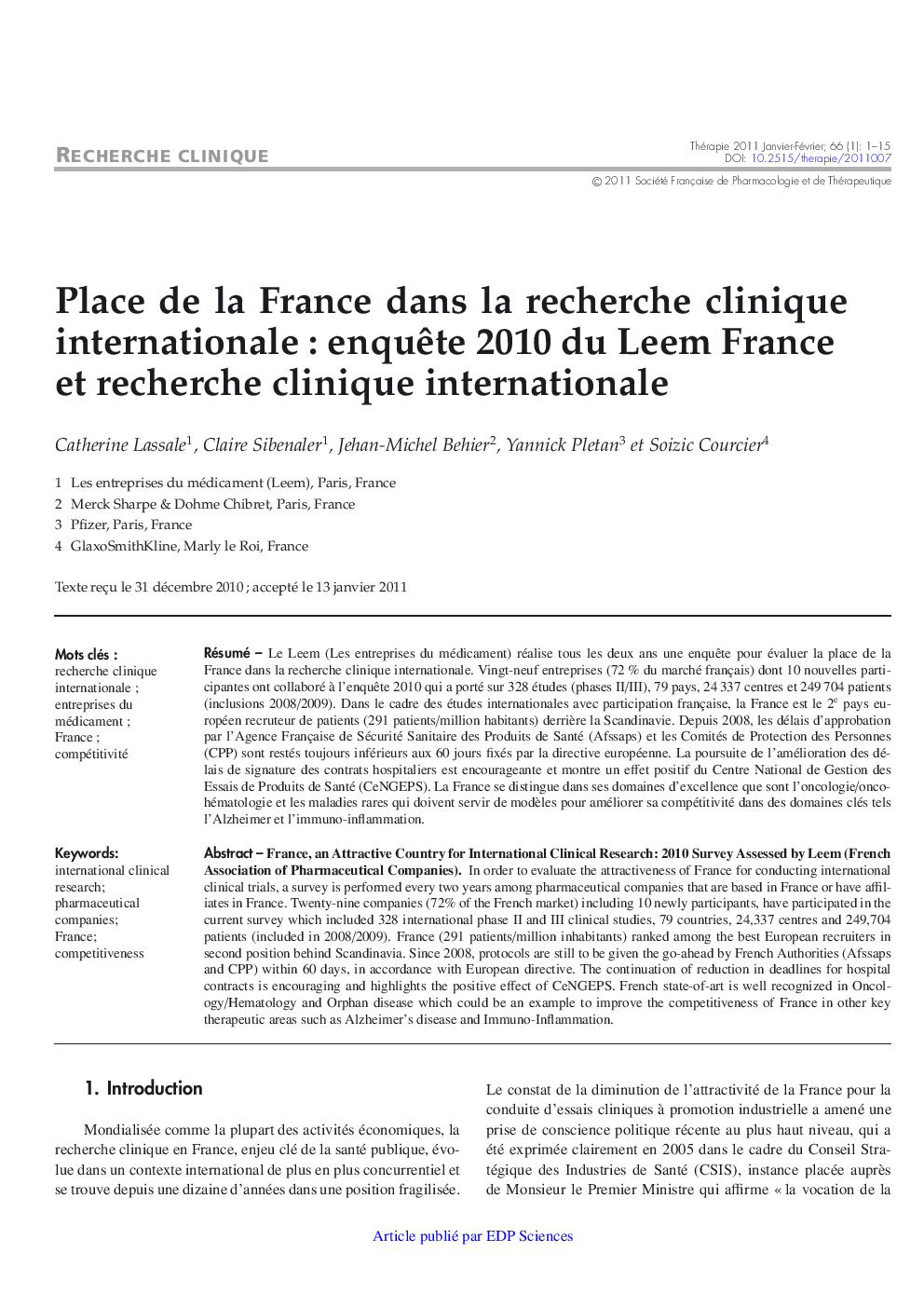 Place de la France dans la recherche clinique internationale : enquÃªte 2010 du Leem France et recherche clinique internationale