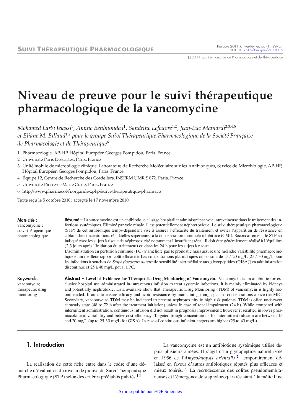 Niveau de preuve pour le suivi thérapeutique pharmacologique de la vancomycine