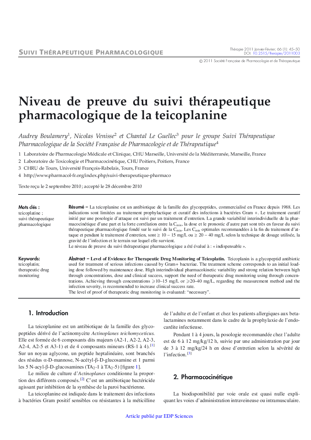 Niveau de preuve du suivi thérapeutique pharmacologique de la teicoplanine