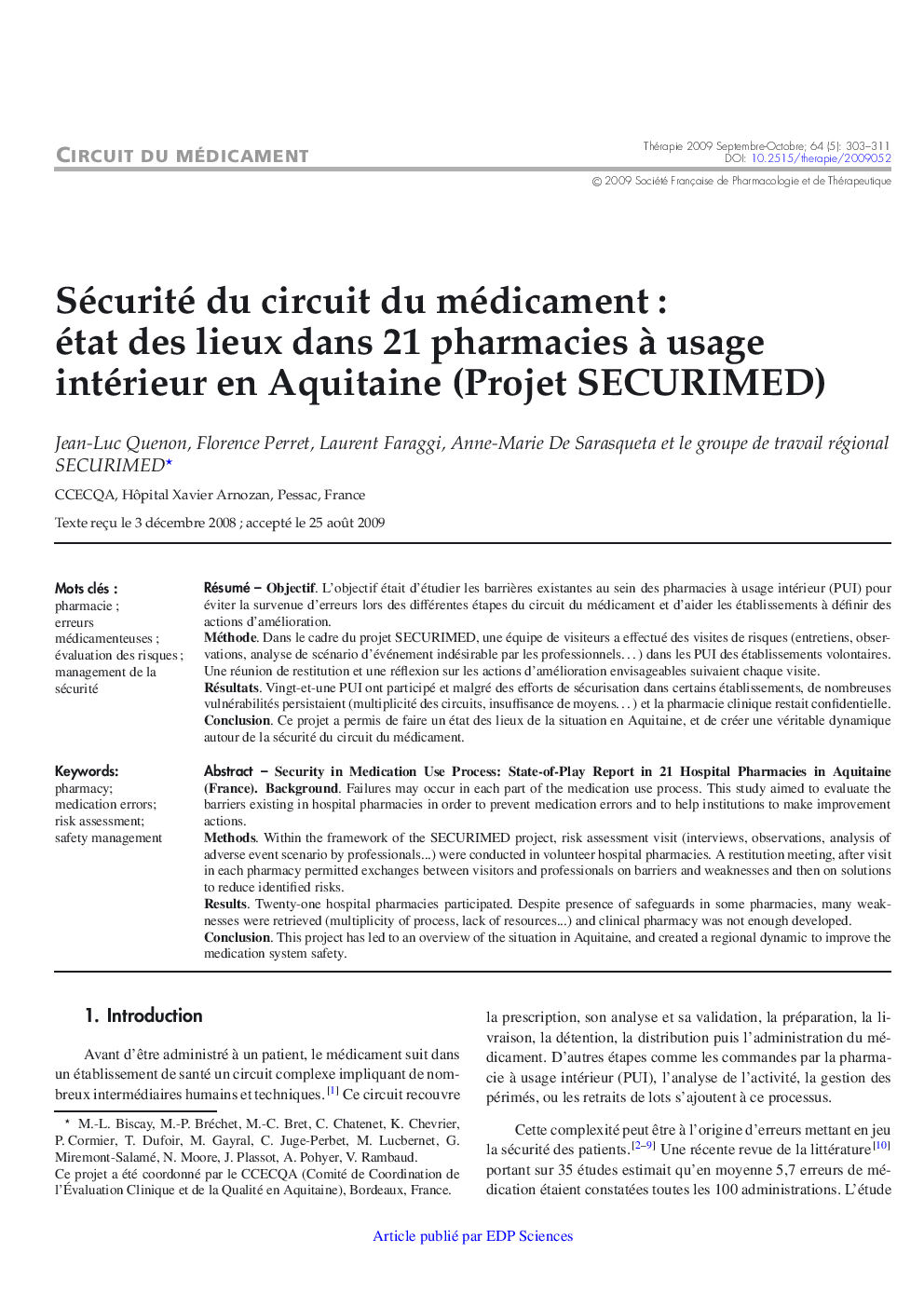 Sécurité du circuit du médicament : état des lieux dans 21 pharmacies Ã  usage intérieur en Aquitaine (Projet SECURIMED)