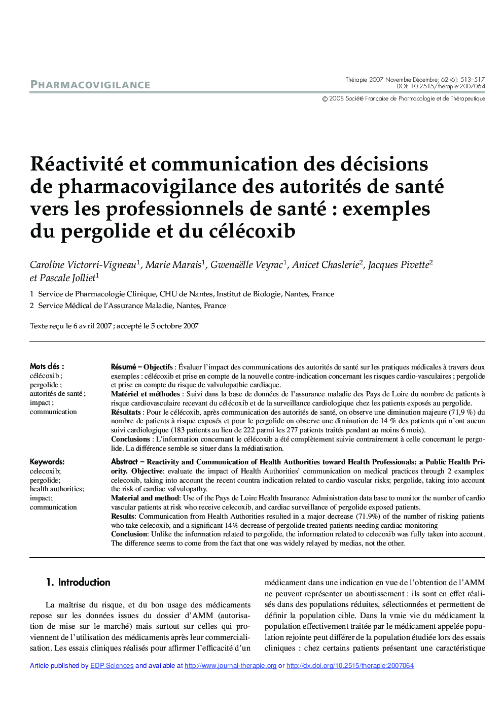 Réactivité et communication des décisions de pharmacovigilance des autorités de santé vers les professionnels de santé : exemples du pergolide et du célécoxib