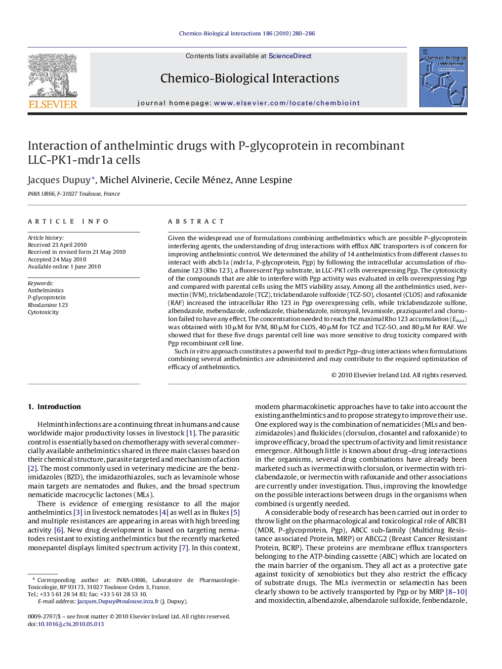 Interaction of anthelmintic drugs with P-glycoprotein in recombinant LLC-PK1-mdr1a cells