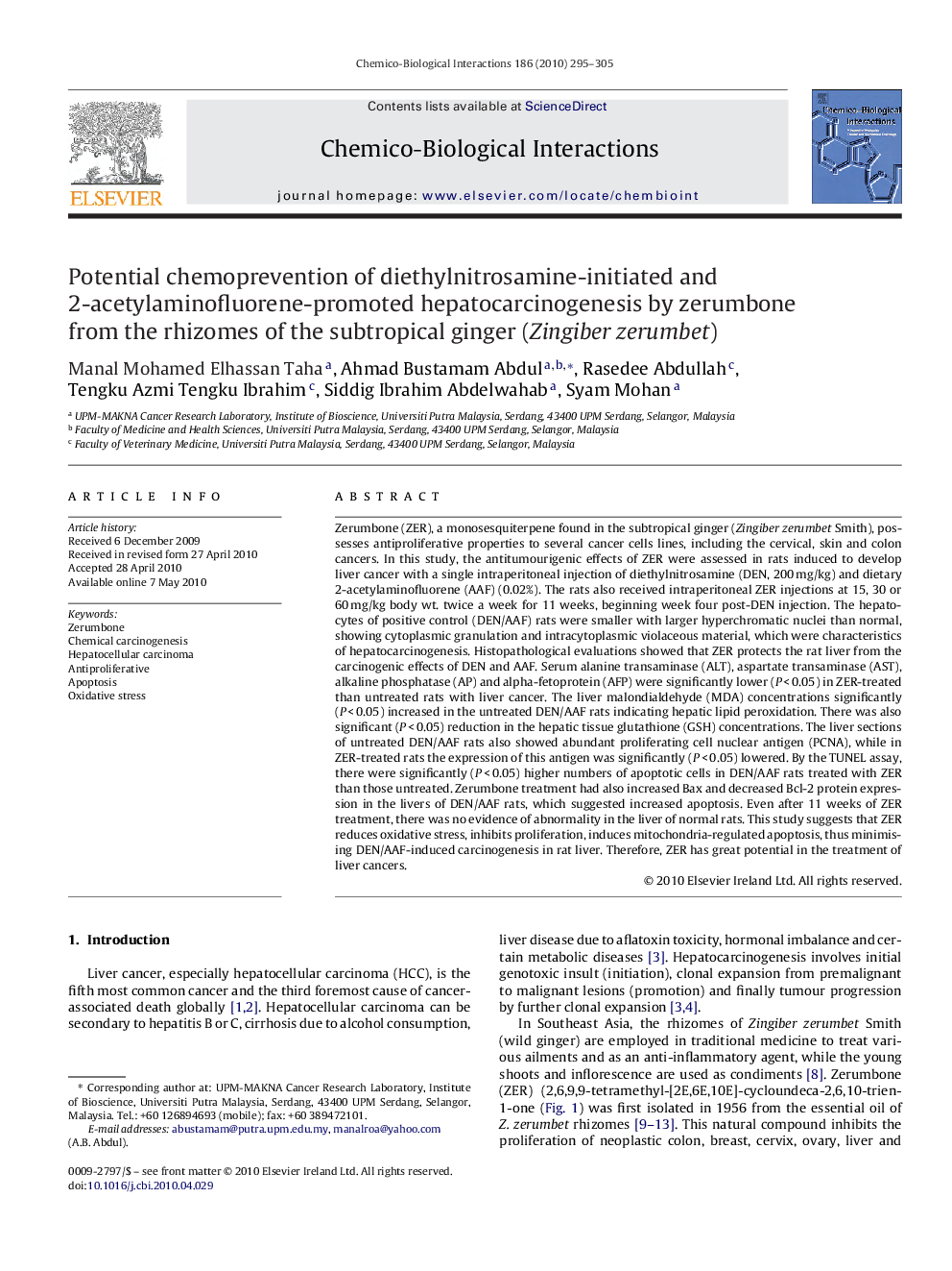 Potential chemoprevention of diethylnitrosamine-initiated and 2-acetylaminofluorene-promoted hepatocarcinogenesis by zerumbone from the rhizomes of the subtropical ginger (Zingiber zerumbet)