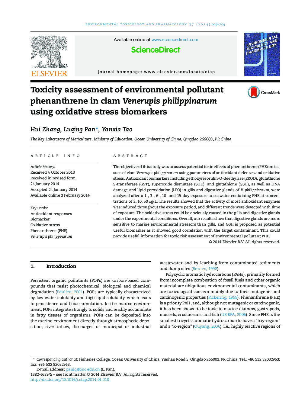 Toxicity assessment of environmental pollutant phenanthrene in clam Venerupis philippinarum using oxidative stress biomarkers